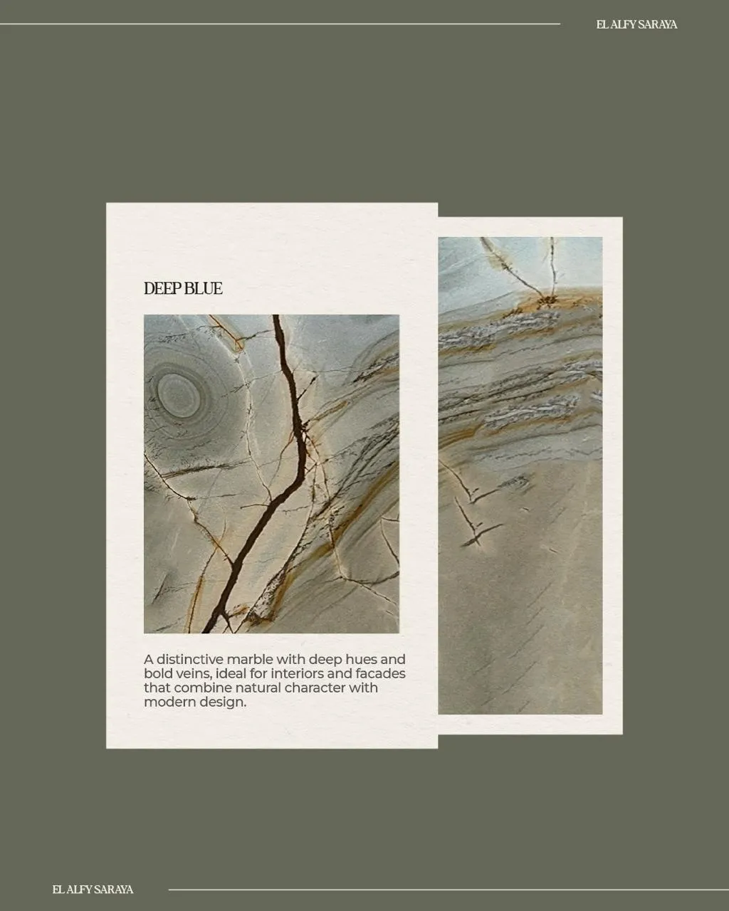 El Alfy Saraya Deep Blue marble campaign design with editorial layout showing stone texture details and product description