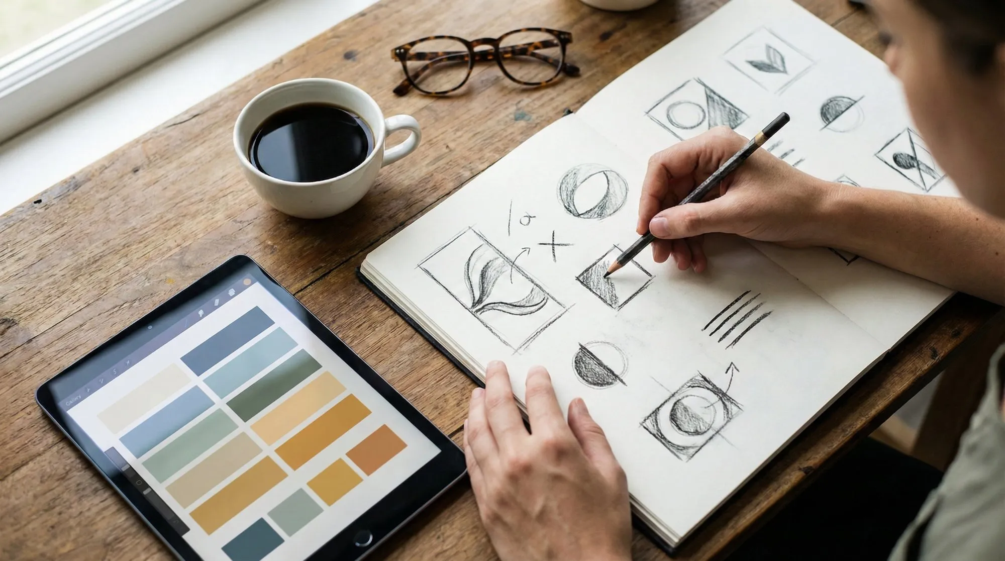 Designer sketching logo concepts in a notebook beside a tablet showing color palettes and a cup of coffee